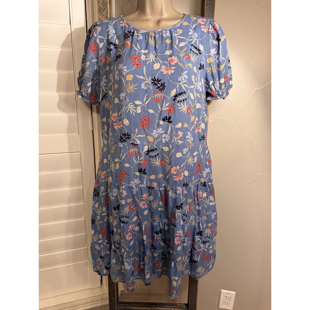 LOFT Tiered Lined Dress Short-Sleeves Blue Floral 8 Petite